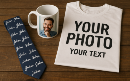 Personalized men's accessories including a tie, mug, and t-shirt on a wooden table